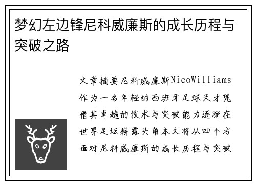梦幻左边锋尼科威廉斯的成长历程与突破之路 梦幻左边锋尼科威廉斯的成长历程与突破之路