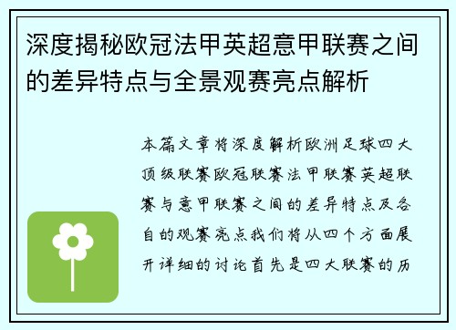 深度揭秘欧冠法甲英超意甲联赛之间的差异特点与全景观赛亮点解析