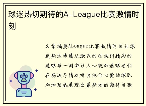 球迷热切期待的A-League比赛激情时刻 球迷热切期待的A-League比赛激情时刻