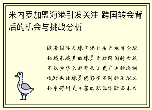 米内罗加盟海港引发关注 跨国转会背后的机会与挑战分析 米内罗加盟海港引发关注 跨国转会背后的机会与挑战分析