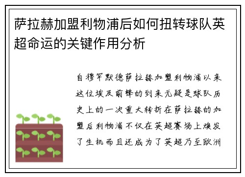 萨拉赫加盟利物浦后如何扭转球队英超命运的关键作用分析 萨拉赫加盟利物浦后如何扭转球队英超命运的关键作用分析